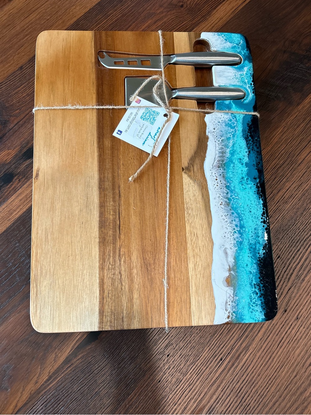 NWT Handcrafted Coastal Wooden Cheese & Charcuterie Board, Ocean Waves Resin